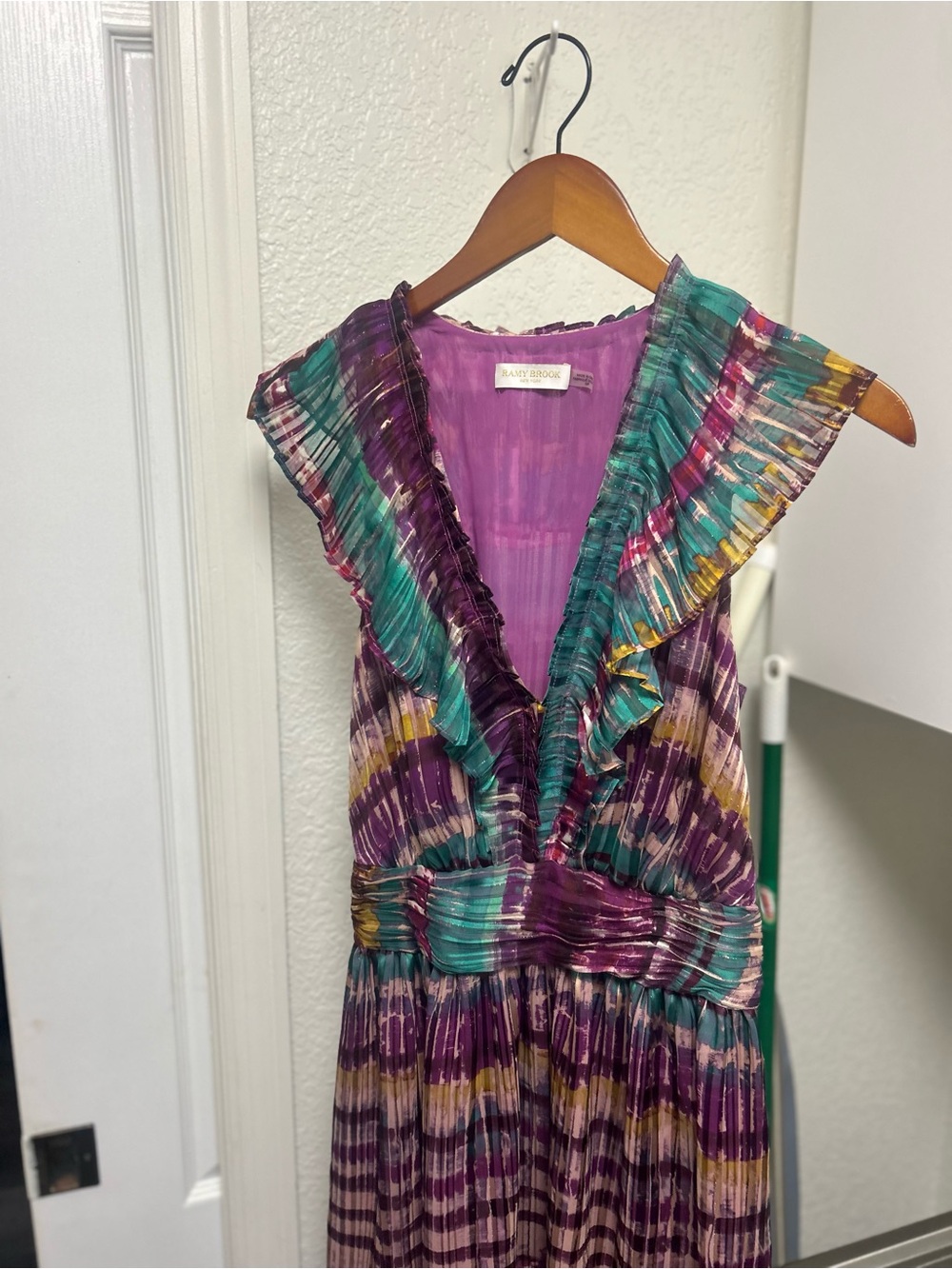 Ramy Brook Purple Teal Yellow Ruffle Midi Dress